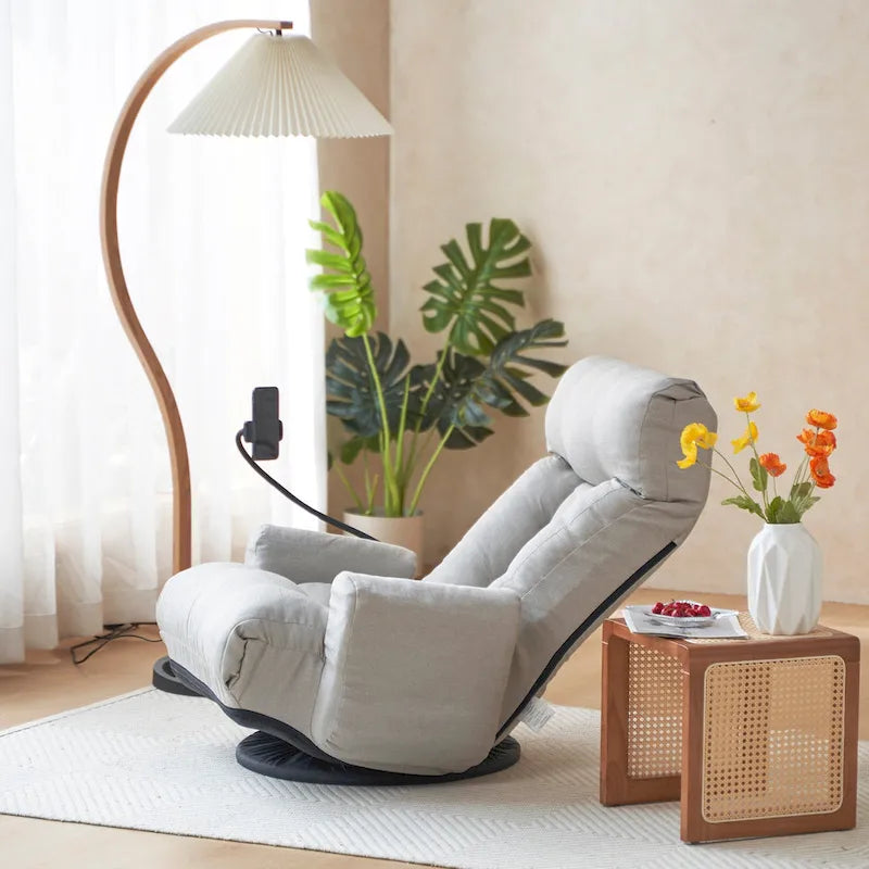 Gray Swivel Recliner with Phone Holder, Adjustable Headrest