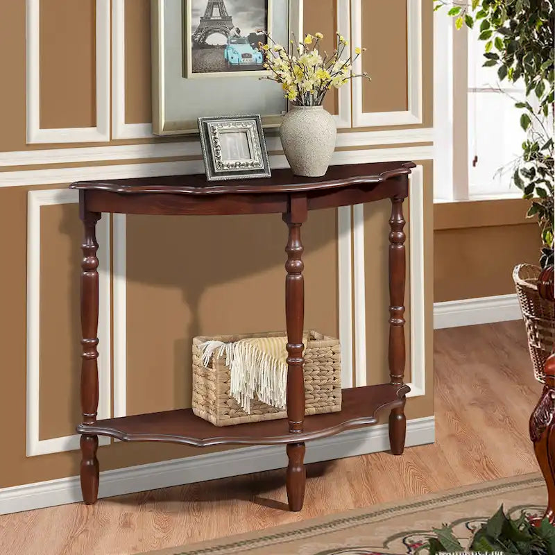 42 Retro Circular Curved Half-Moon Console Table with Cloud Design Top and Open Shelf Solid Wood Frame and Legs