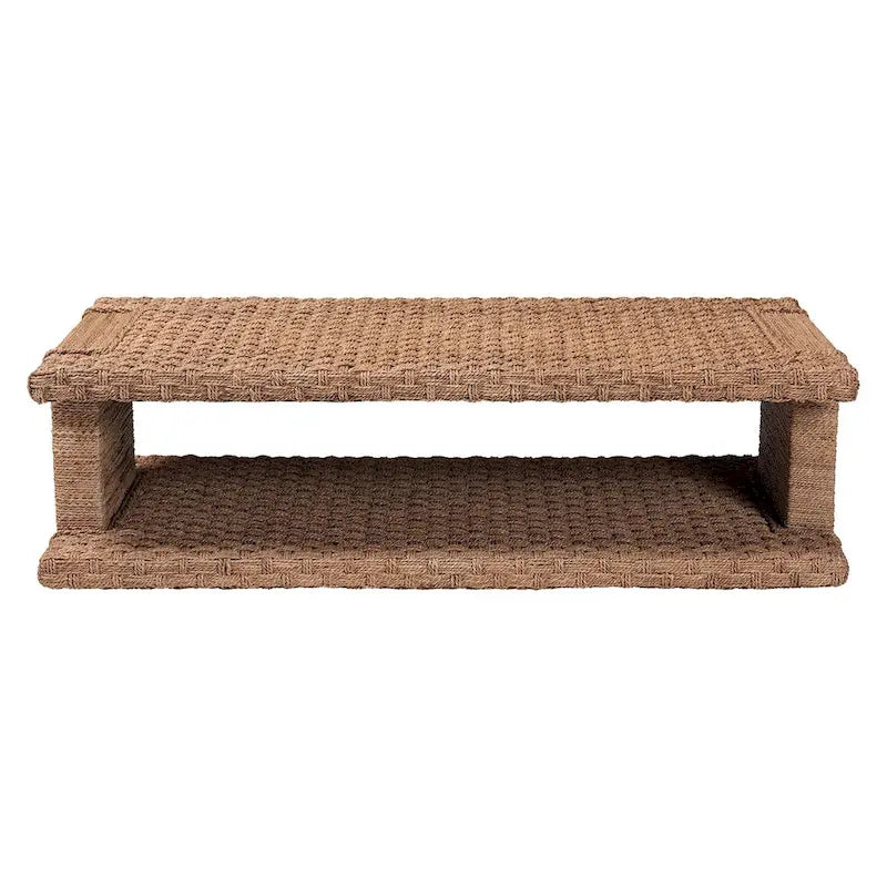 Hand-Woven Seagrass Coffee Table (with Open Storage Shelf) — Rectangular Rattan Center Table for the Living Room, Coastal Bohemian Style