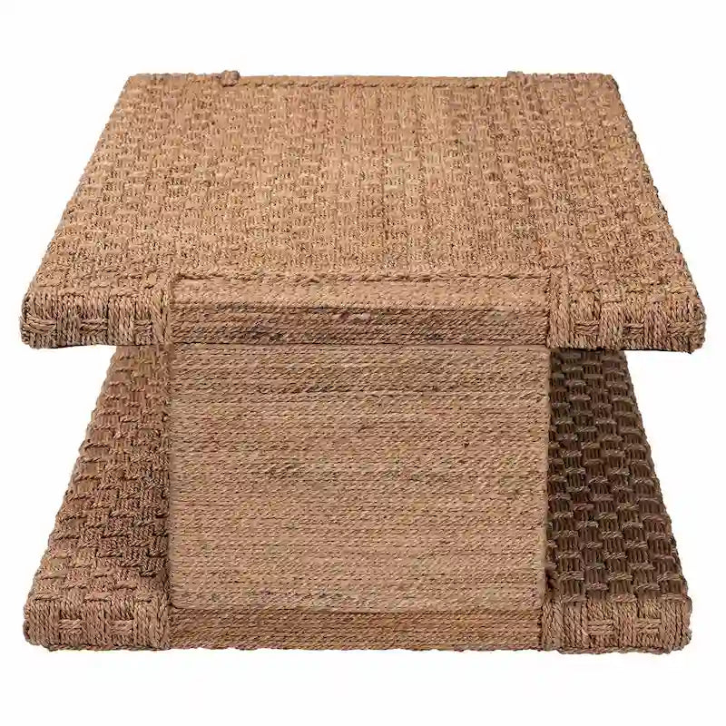 Hand-Woven Seagrass Coffee Table (with Open Storage Shelf) — Rectangular Rattan Center Table for the Living Room, Coastal Bohemian Style