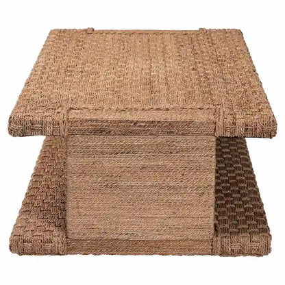 Hand-Woven Seagrass Coffee Table (with Open Storage Shelf) — Rectangular Rattan Center Table for the Living Room, Coastal Bohemian Style