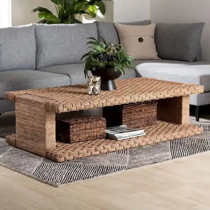 Hand-Woven Seagrass Coffee Table (with Open Storage Shelf) — Rectangular Rattan Center Table for the Living Room, Coastal Bohemian Style