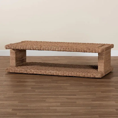 Hand-Woven Seagrass Coffee Table (with Open Storage Shelf) — Rectangular Rattan Center Table for the Living Room, Coastal Bohemian Style