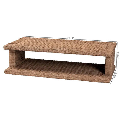 Hand-Woven Seagrass Coffee Table (with Open Storage Shelf) — Rectangular Rattan Center Table for the Living Room, Coastal Bohemian Style