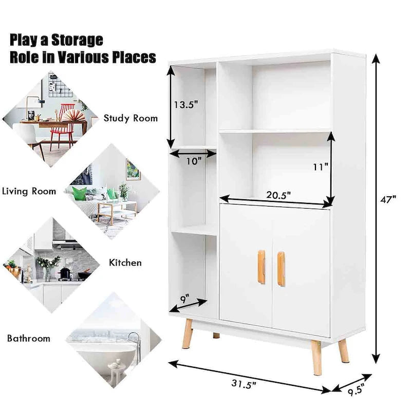 Floor-Standing Storage Cabinet — Freestanding Wooden Display Bookshelf