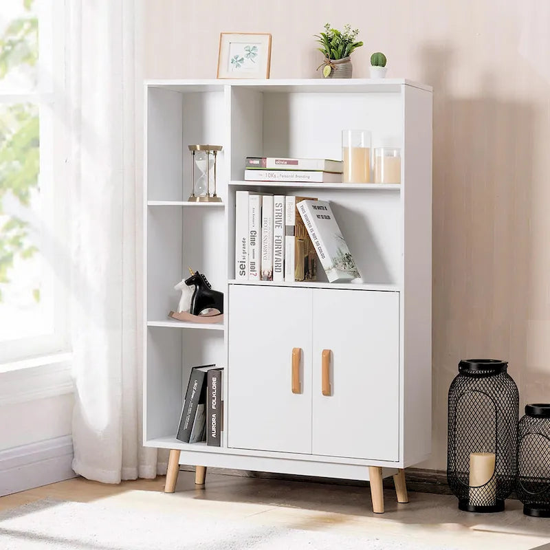 Floor-Standing Storage Cabinet — Freestanding Wooden Display Bookshelf