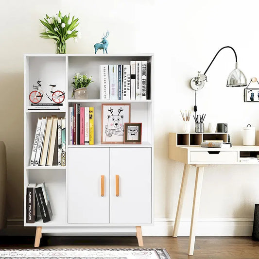 Floor-Standing Storage Cabinet — Freestanding Wooden Display Bookshelf