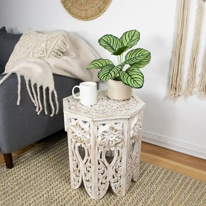 Antique White and Brushed Gold Carved Octagonal Side Table