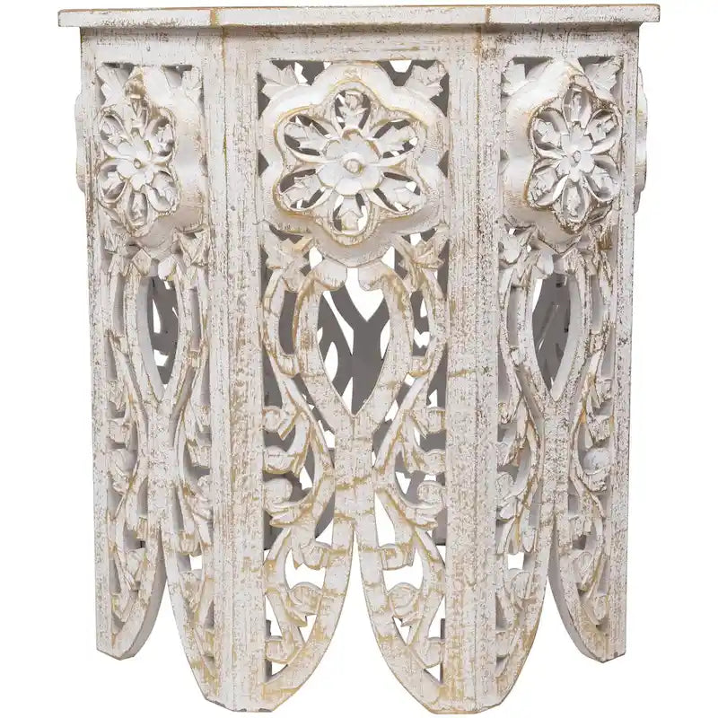 Antique White and Brushed Gold Carved Octagonal Side Table
