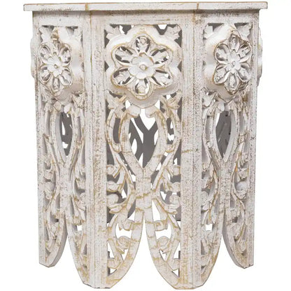 Antique White and Brushed Gold Carved Octagonal Side Table