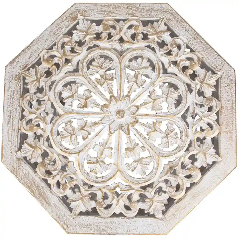 Antique White and Brushed Gold Carved Octagonal Side Table