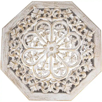 Antique White and Brushed Gold Carved Octagonal Side Table