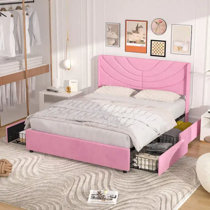 Upholstered Bed Frame with Headboard and 4 Storage Drawers