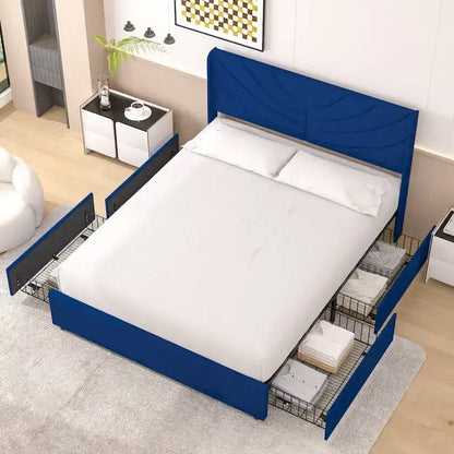 Upholstered Bed Frame with Headboard and 4 Storage Drawers