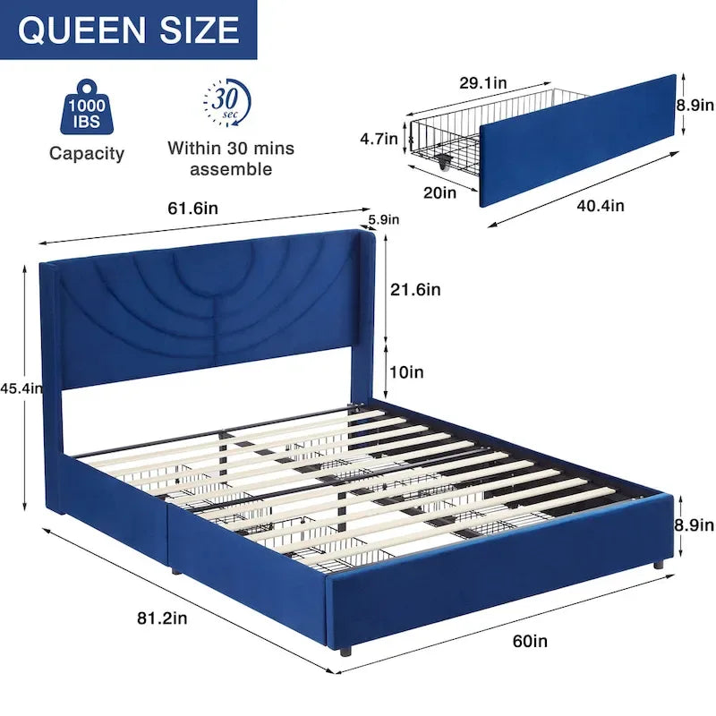 Upholstered Bed Frame with Headboard and 4 Storage Drawers