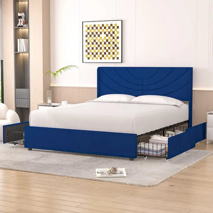 Upholstered Bed Frame with Headboard and 4 Storage Drawers