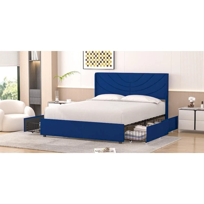 Upholstered Bed Frame with Headboard and 4 Storage Drawers