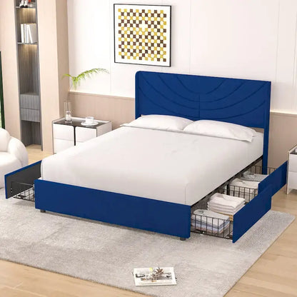 Upholstered Bed Frame with Headboard and 4 Storage Drawers