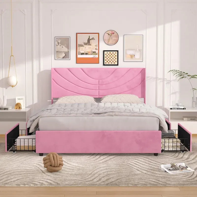 Upholstered Bed Frame with Headboard and 4 Storage Drawers