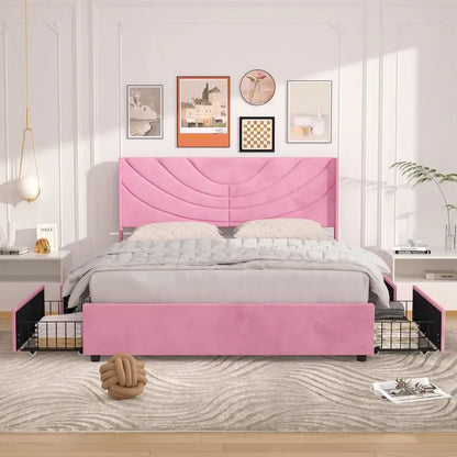 Upholstered Bed Frame with Headboard and 4 Storage Drawers
