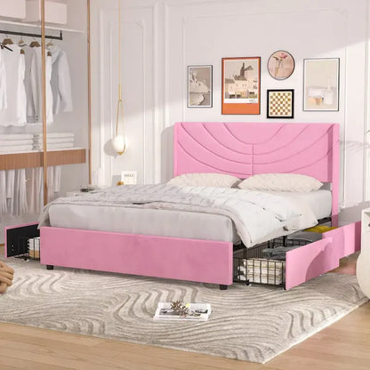 Upholstered Bed Frame with Headboard and 4 Storage Drawers