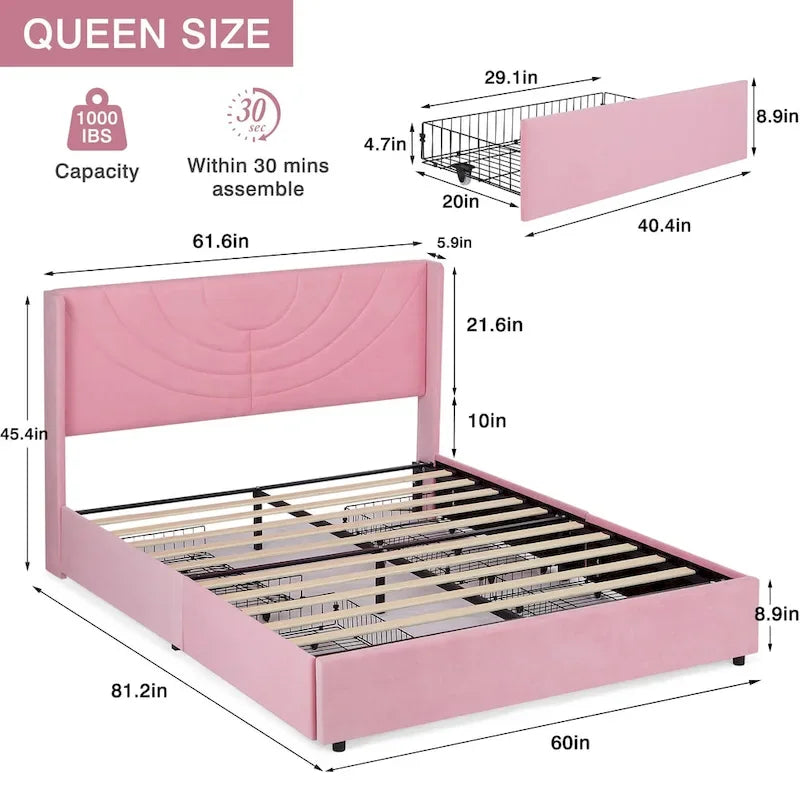 Upholstered Bed Frame with Headboard and 4 Storage Drawers