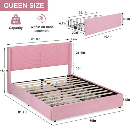 Upholstered Bed Frame with Headboard and 4 Storage Drawers