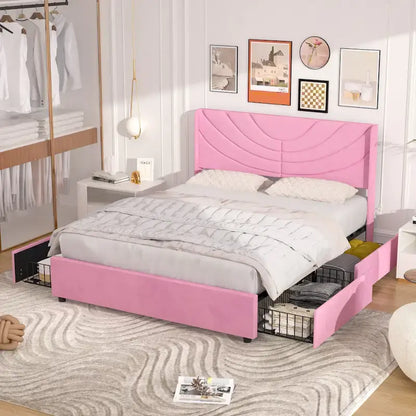 Upholstered Bed Frame with Headboard and 4 Storage Drawers