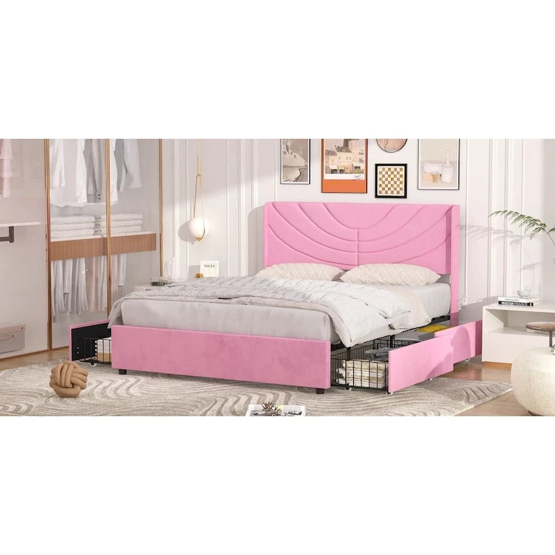 Upholstered Bed Frame with Headboard and 4 Storage Drawers
