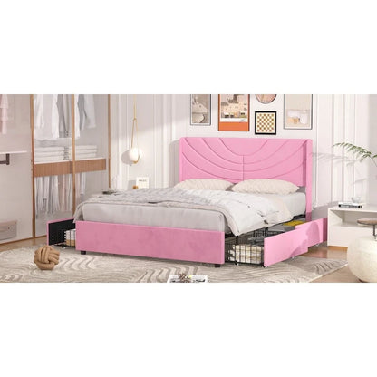 Upholstered Bed Frame with Headboard and 4 Storage Drawers