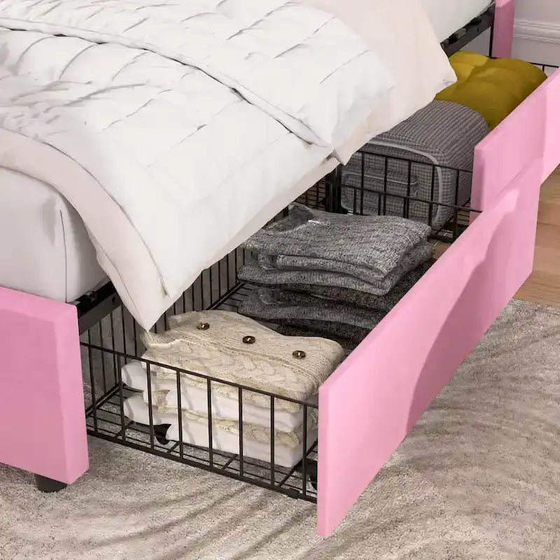 Upholstered Bed Frame with Headboard and 4 Storage Drawers