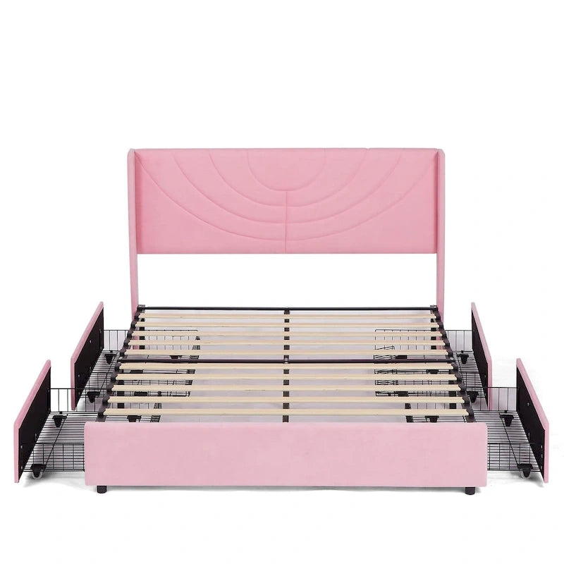 Upholstered Bed Frame with Headboard and 4 Storage Drawers