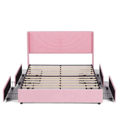 Upholstered Bed Frame with Headboard and 4 Storage Drawers