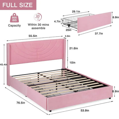 Upholstered Bed Frame with Headboard and 4 Storage Drawers