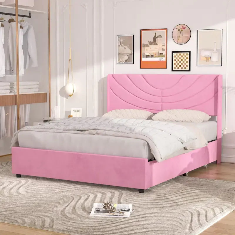 Upholstered Bed Frame with Headboard and 4 Storage Drawers
