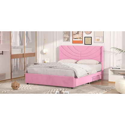 Upholstered Bed Frame with Headboard and 4 Storage Drawers