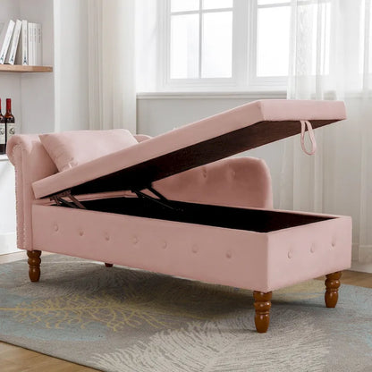 Velvet Upholstered Rolled Arm Chaise Lounge with Storage and Pillow