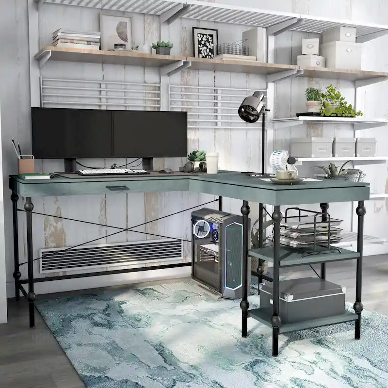 59-Inch Metal L-Shaped Computer Desk (With Usb Ports)