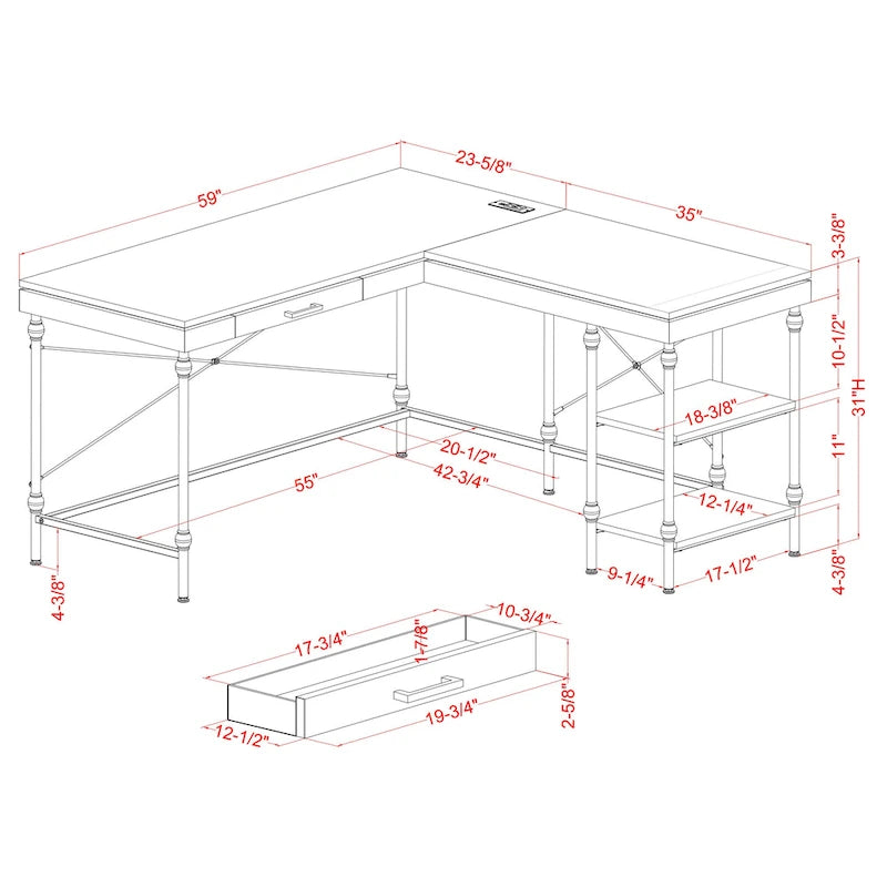 59-Inch Metal L-Shaped Computer Desk (With Usb Ports)