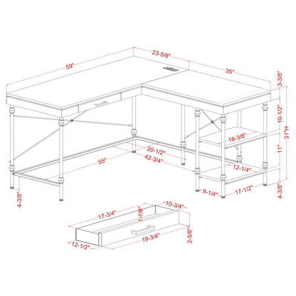 59-Inch Metal L-Shaped Computer Desk (With Usb Ports)