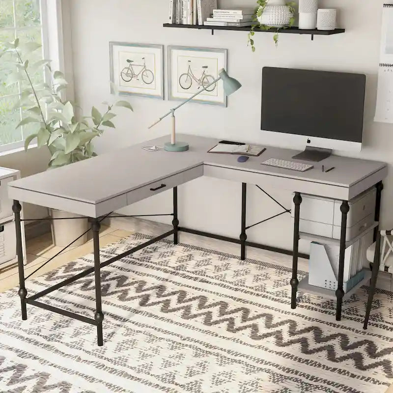 59-Inch Metal L-Shaped Computer Desk (With Usb Ports)