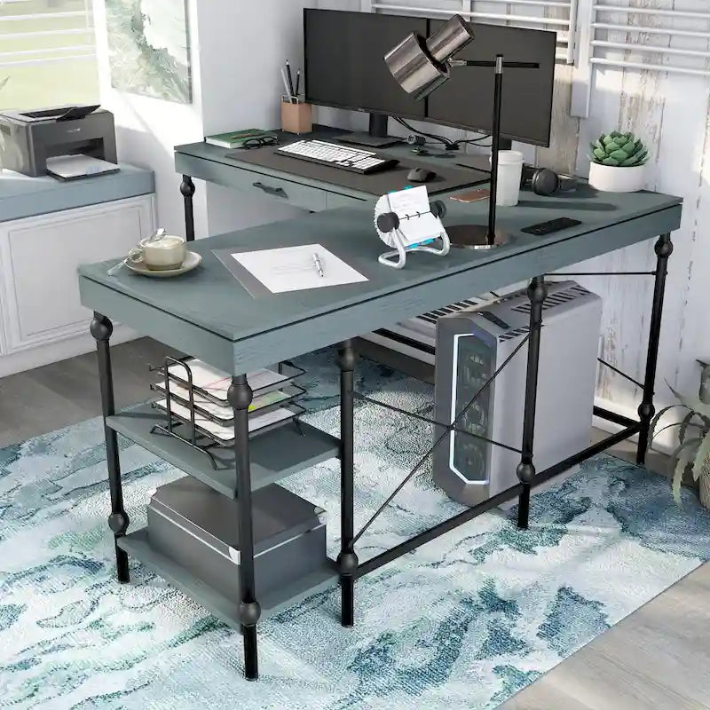 59-Inch Metal L-Shaped Computer Desk (With Usb Ports)