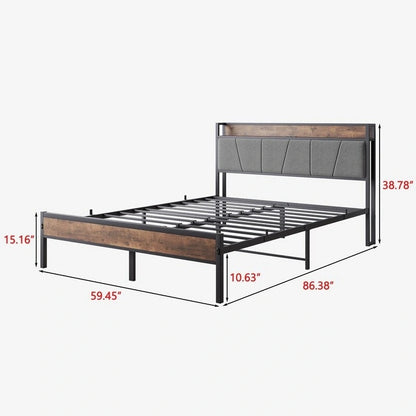 Metal&Wood Platform Bed with Storage Linen Headboard and Charging Station