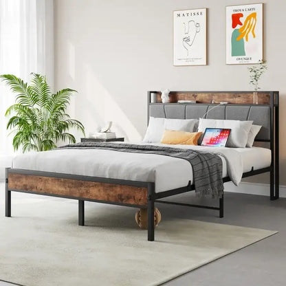 Metal&Wood Platform Bed with Storage Linen Headboard and Charging Station