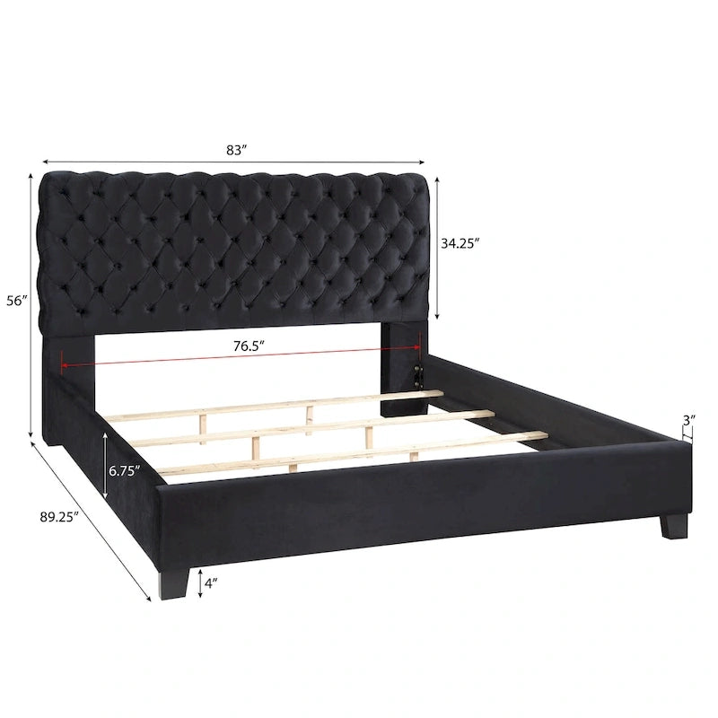 Velvet Upholstered Tufted Bed, King Size, Black