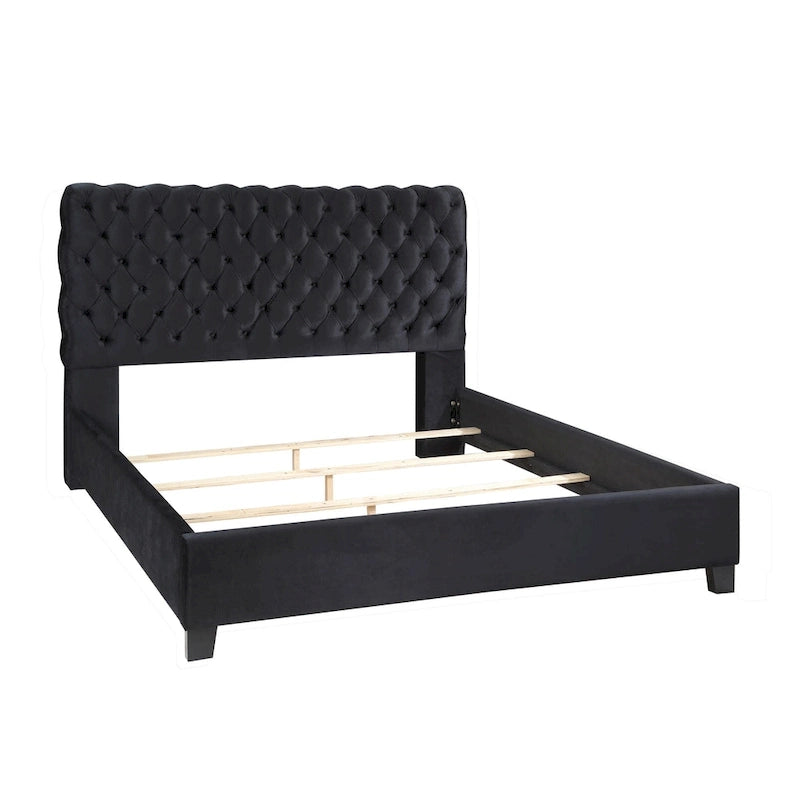Velvet Upholstered Tufted Bed, King Size, Black