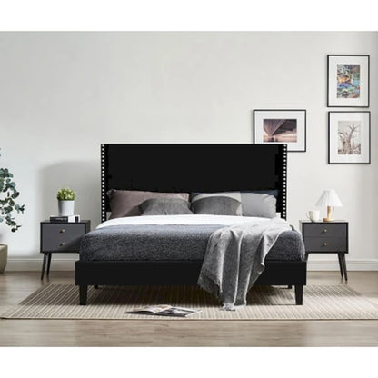 Tufted Upholstered Bed Frame — Low-Profile Velvet Platform Bed with Extended Wingback Headboard