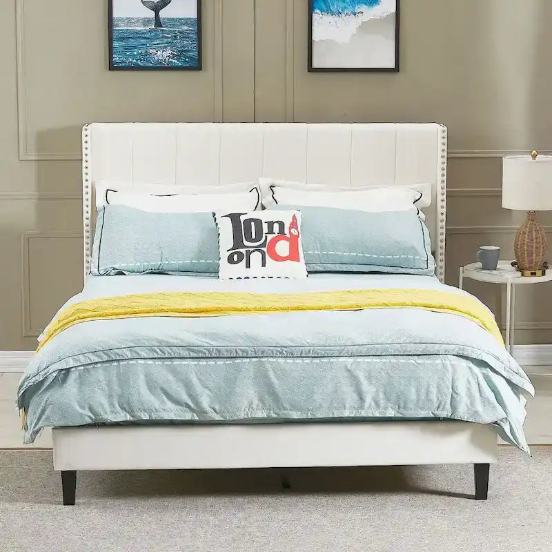 Tufted Upholstered Bed Frame — Low-Profile Velvet Platform Bed with Extended Wingback Headboard