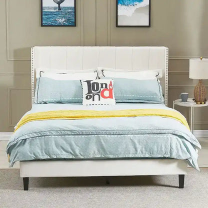 Tufted Upholstered Bed Frame — Low-Profile Velvet Platform Bed with Extended Wingback Headboard