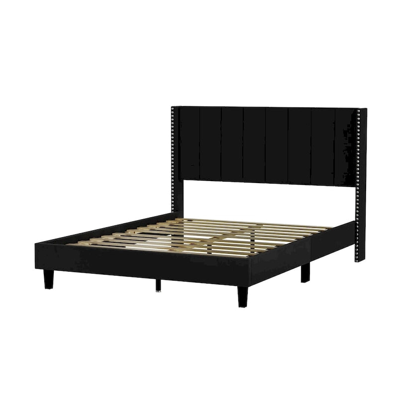 Tufted Upholstered Bed Frame — Low-Profile Velvet Platform Bed with Extended Wingback Headboard